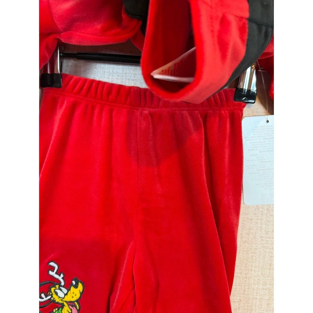 NWT Disney Baby Mickey Mouse Santa Suit Red Velour Hooded Jacket Pants Set 0-3M